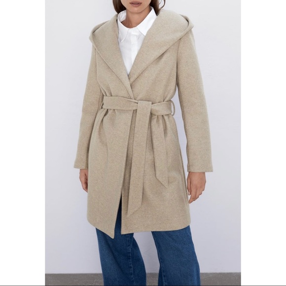 Zara Jackets & Blazers - Zara • Long Sleeve Hooded Belted Wrap Coat Beige Size S